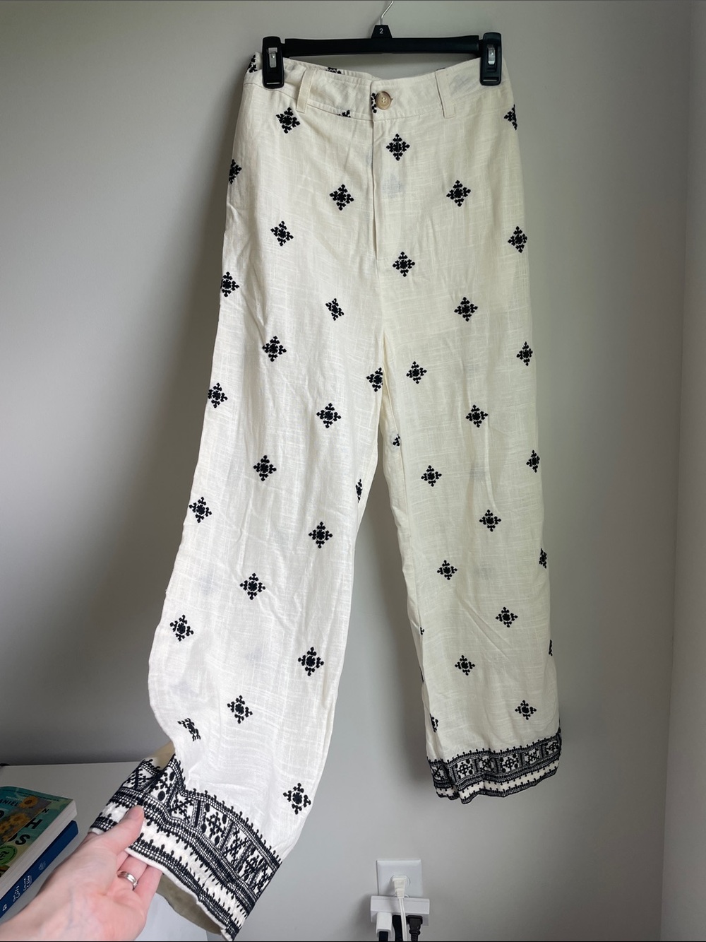 Fore Linen Blend Embroidered Wide-Leg Boho Pants Cream Black